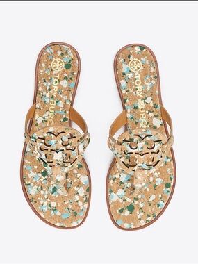 Tory Burch Cork Miller Sandals in Tan with Green and Blue Speckle